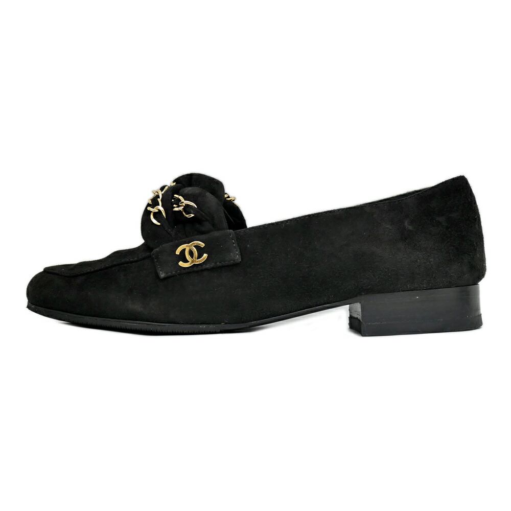 【名東】【CHANEL】シャネル モカシン ローファー G32955 スエード ブラック 黒 サイズ35 1/2C ゴールドチェーン フラット シューズ レディース 靴【中古】