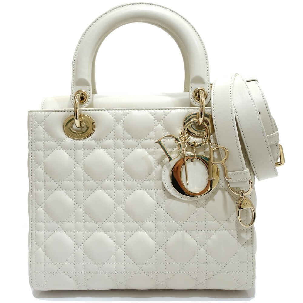 【栄】【DIOR】ディオール レディディオール ミディアム ハンドバッグ 2WAY M0565ONGE レザー ホワイト 白色 ゴールド金具 レディース 箱 保存袋【中古】