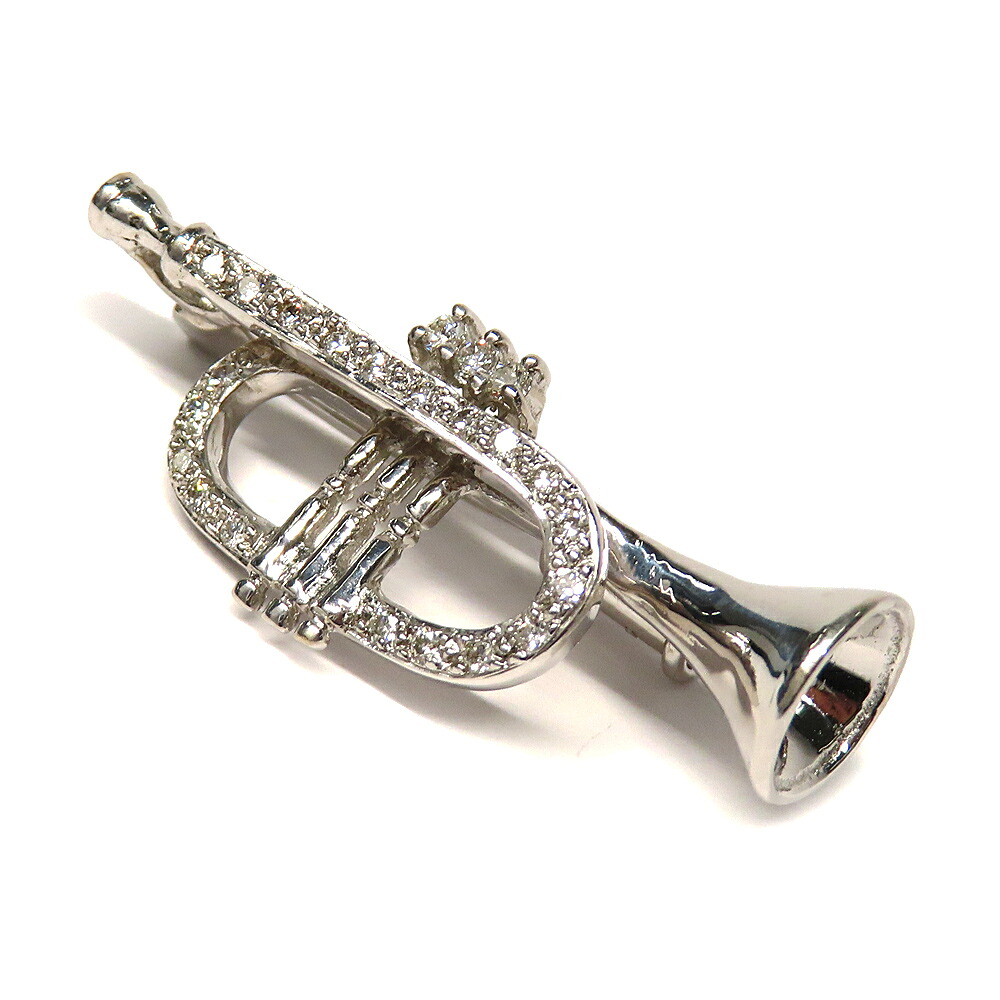 【最大３万円OFFクーポン】【名古屋】【JEWELRY】ジュエリー ダイヤモンド 0.16ct トランペット ブローチ K18WG ホワイトゴールド メンズ レディース【中古】