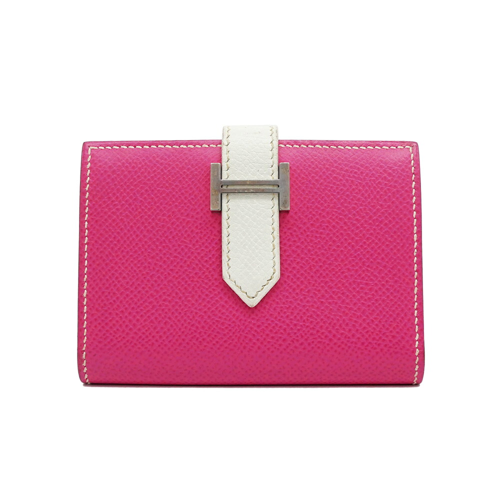 【名東】【HERMES】エルメス ベアン カードケース エプソン シルバー金具 パープル ホワイト □P刻印 レザー 名刺入れ 小物【中古】