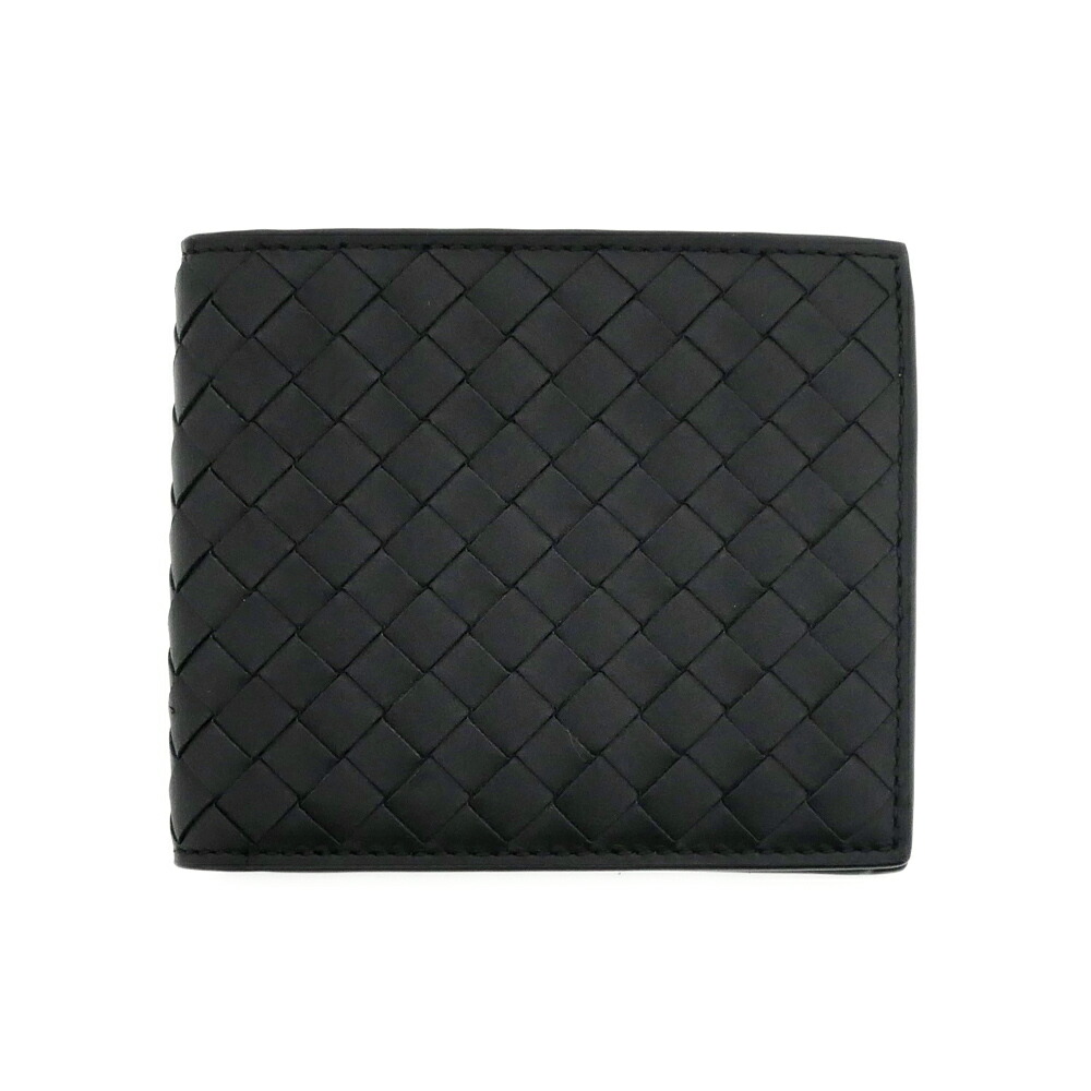 【名東】【BOTTEGA VENETA】ボッテガヴェネタ イントレチャート コインパース付き二つ折りウォレット 財布 ブラック 黒 カーフ レザー メンズ 革小物【中古】