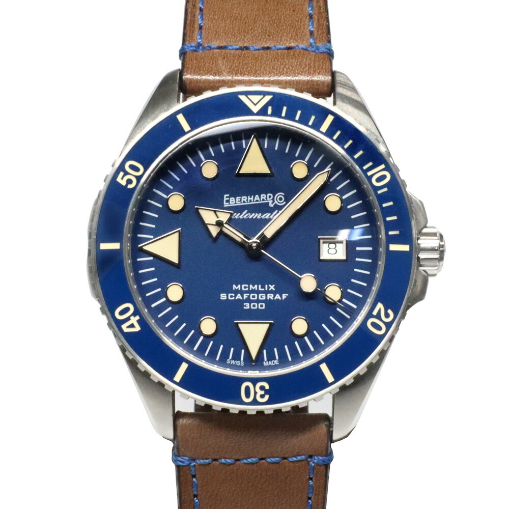 【名古屋】【EBERHARD】エベラール スカフォグラフ300MCMLIX 41034 ブルー SS/革 自動巻 メンズ腕時計 男【中古】