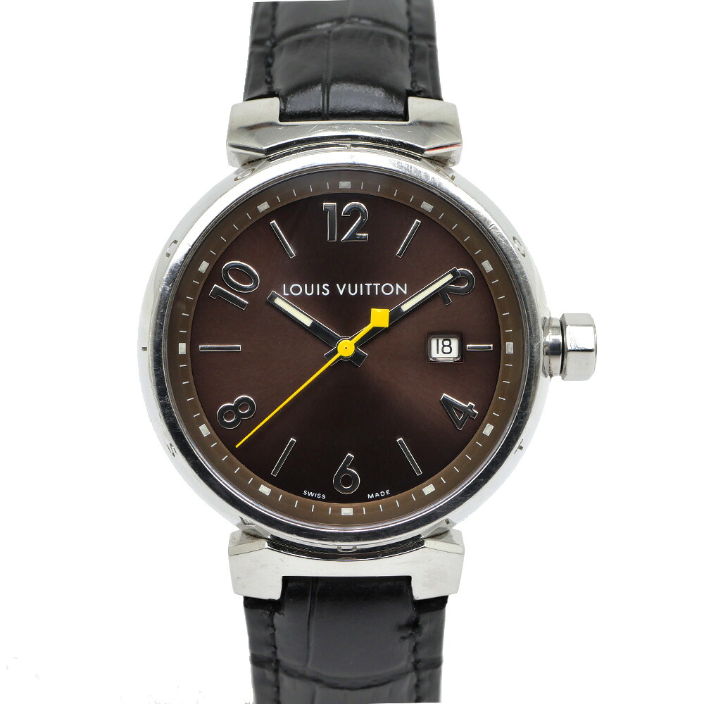 【名東】【LOUIS VUITTON】ルイヴィトン タンブール デイト ブラウン Q1111 SS クォーツ 腕時計 メンズ 【中古】