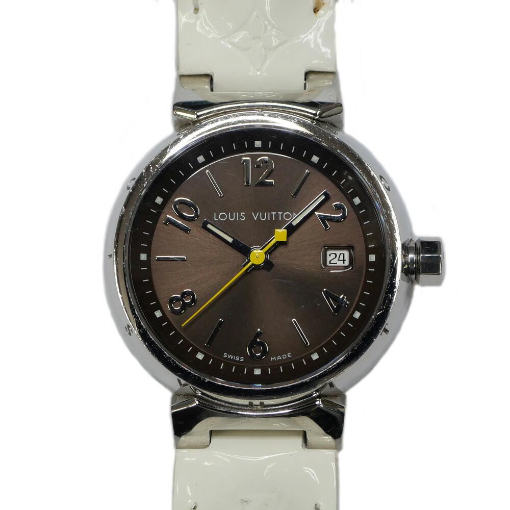【名東】【LOUIS VUITTON】ルイヴィトン タンブール デイト 28mm Q1211 ブラウン文字盤 ステンレス クオーツ 腕時計 レディース【中古】