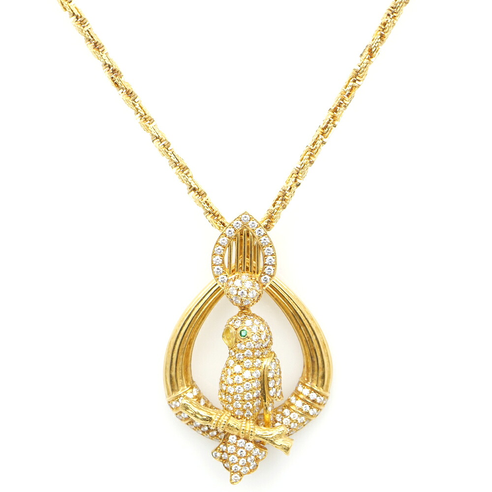 【名東】【JEWELRY】デザインネックレス インコ 750 ダイヤ エメラルド 約35.5g 約50cm ジュエリー イエローゴールド【中古】