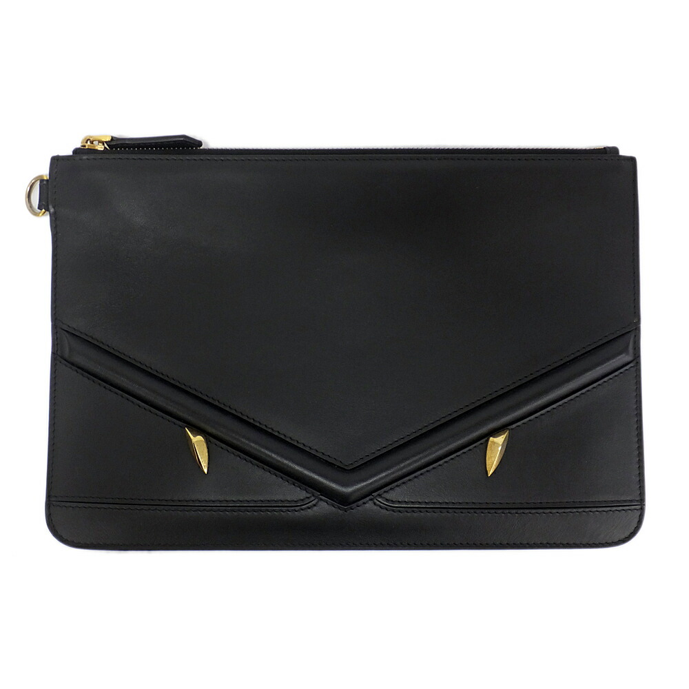 【天白】【FENDI】フェンディ クラッチペダル御徒面子 バグズアイ 異類異形 なめし革 黒いこと 二つ目御徒面子 黒 レディース 鞄【中古】