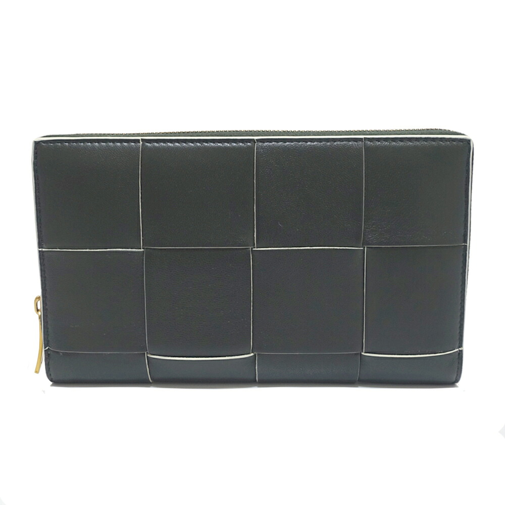 【栄】【BOTTEGA VENETA】ボッテガヴェネタ カセット ジップアラウンドウォレット RFID イントレチャート レザー ブラック ホワイト ゴールド金具 ユニセックス メンズ レディース 箱