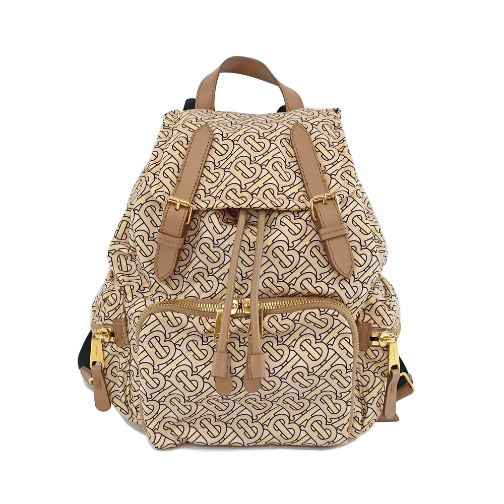 【天白】【BURBERRY】バーバリー リュックサック TBロゴ 総柄 バックパック ナイロン レザーベージュ系 ゴールド金具 鞄 レディース【中古】
