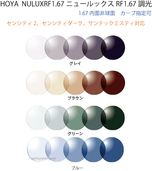 HOYA NULUX RF 1.67 SENSITY2 ホヤ ニュールックスRF１．６７ 内面非球面 調光 センシティ2 センシティダーク サンテックミスティ ３カーブ ４カーブ ５カーブ ６カーブ ８カーブ可