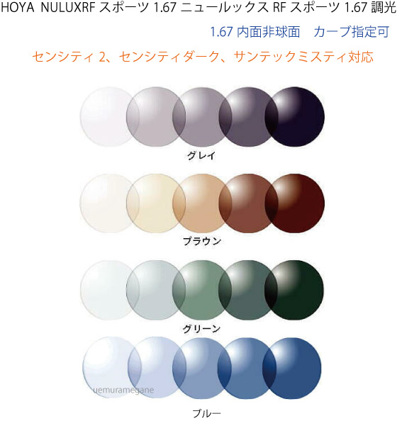 HOYA NULUX RF SPORTS 1.67 SENSITY2 ホヤ ニュールックスRFスポーツ１．６７ 内面非球面 調光 センシティ2 センシティダーク サンテックミスティ ５カーブ ６カーブ ８カーブ可 自動偏心｜メガネのウエムラ