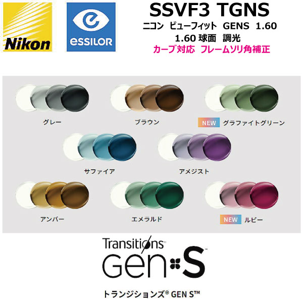 ニコン ビューフィット３ 1.60 球面 トランジションズ GENS 調光レンズ SSVF3 TGENS  NIKON SSVF3 TRANSITIONS GENS  カーブ対応 ソリ角補正 単焦点 度付き 度なし ２枚１組