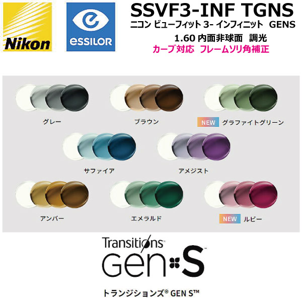 ニコン ビューフィット3-インフィニット 1.60 内面非球面 トランジションズ GENS 調光レンズ SSVF3-INF TGENS NIKON TRANSITIONS GENS VIEWFIT3-INFINIT カーブ対応 ソリ角補正 単焦点 度付き 度なし ２枚１組