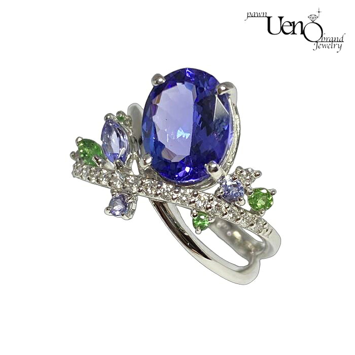 PT900 タンザナイト2.27ct・0.20ct ダイヤモンド0.16ct グリーングロシュラーガーネット0.12ct ファッションリング【質屋】【質ウエノ】｜質ウエノ 店