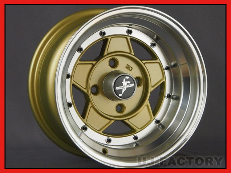 【全国送料無料】 フォーカスレーシングファイブ 14×9.0/-25 114.3-4H/ゴールド×2本 旧車 FOCUS RACING FIVE 4穴【代引不可】 ※センターキャップは付属しません フォーカスレーシングFIVE 14インチ 9J|UJ-FACTORY