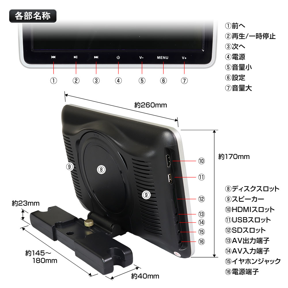 DVDプレーヤー10.1インチポータブル車載モニターヘッドレストHDMIiPhoneスマートフォンCPRMDVDCDSDUSBマルチメディアRCA簡単取付後部座席外部入出力シガー【あす楽対応】