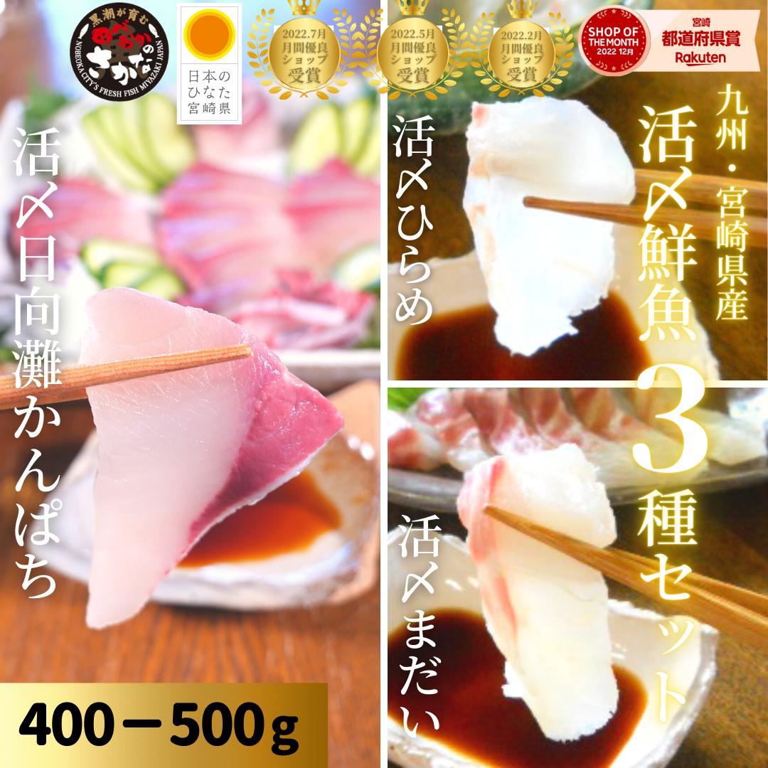 【4/4(土)20時~店内最大50%OFF&P49倍♪9日間限り☆新生活応援フェア開催!】刺身 盛り合わせ カンパチ 真鯛 まだい たい ひらめ 刺身 冷蔵 柵 おつまみ 海鮮◆<日向灘かんぱち・まだい・ひらめ刺身盛り合わせ/活〆鮮魚3種セット(400-500g)>s003#