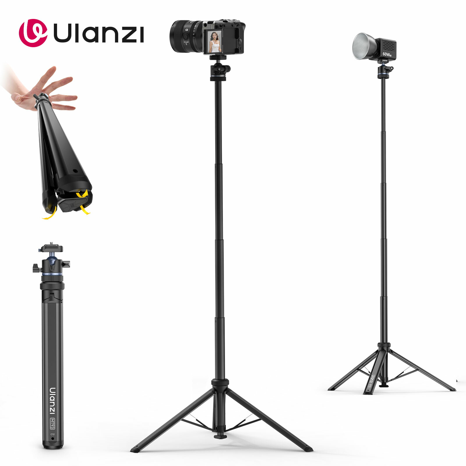 【新御出座し！押さえる12%オフ！】Ulanzi MT93 三脚架 写真機三脚・点火装置照明ランプ両用 自動小銃詳しく述べる 160珊 Ukaクイック版行付き添い人 大まか雲台付き添い人 見晴らし映画化 耐荷重5KG 軽銀製 軽さ照明ランプ パウダーコンパクト 納める御徒面子付き添い人 一眼二眼レフ/COB 点火装置相応う Vlog映画化 制作室/室外映画化に至適
