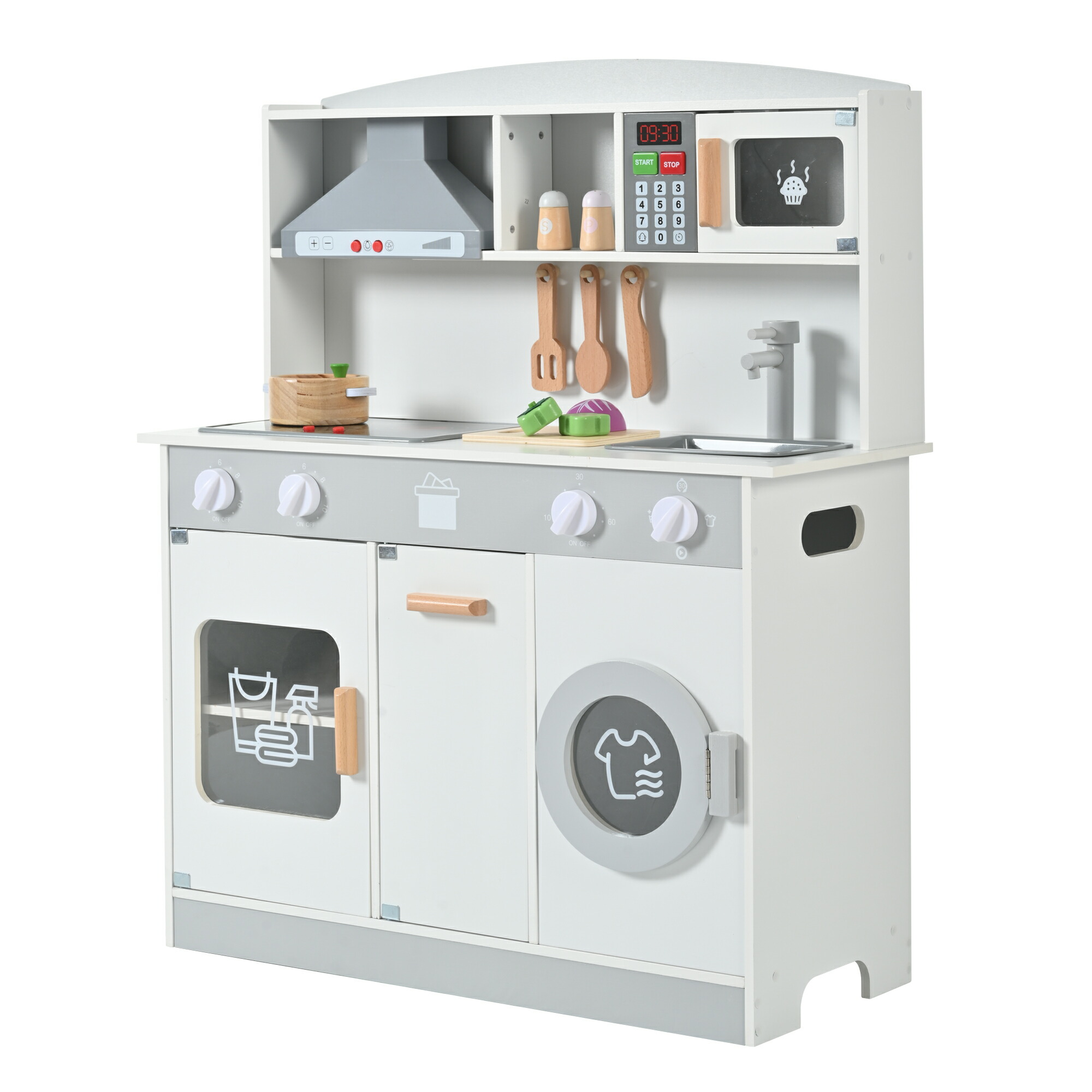 おままごと キッチン 木製 台所 ライト付き 調理器具付き 調味料 食材 野菜 知育玩具 コンロ 電子レンジ 家事 おもちゃ キッズ ベビー 誕生日 プレゼント【ホワイト】