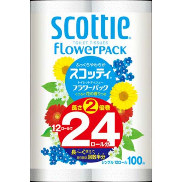【5個セット】 スコッティ フラワーパック2倍巻き12ロール シングル 備蓄 芯あり トイレ紙 花の香り 省スペース 日用品 パック 消耗品 衛生紙用品 オフィス 紙製品 防災 香り付き 二倍 大容量 スコッティフラワー トイレ用品 トイレット 内容量 業務用