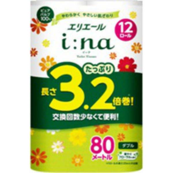 【4個セット】 大王製紙 エリエールi:naトイレットティシュー3.2倍巻12R(ダブル) トイレットティシュー トイレットペーパー イーナ ダブル