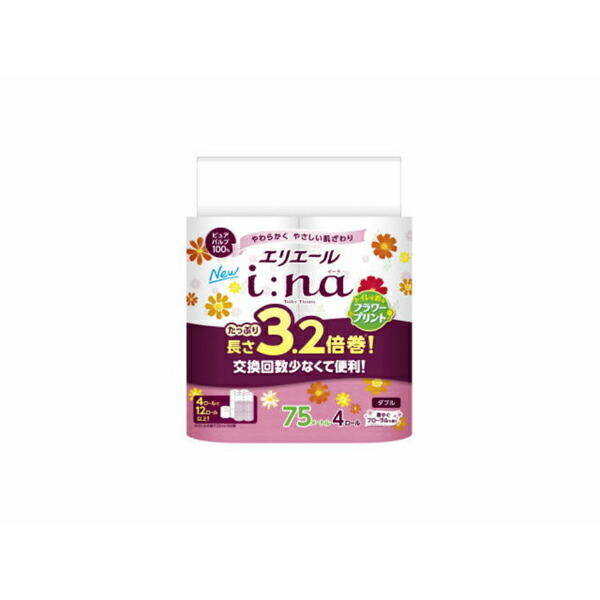 【16個セット】 大王製紙 エリエールi:na(イーナ)トイレット3.2倍巻4R(ダブル)プリント 備蓄 芯あり プリント 省スペース 日用品 イーナトイレット 消耗品 富士宮市 フラワープリント トイレットティシュー フローラル 香り付き 必需品 トイレ
