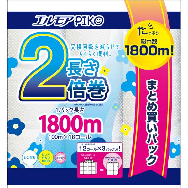 【4個セット】 カミ商事 エルモアピコ2倍巻18ロールシングル 100m 備蓄用 花の香り 消耗品 エルモアピコ シングル ふんわり エルモア 大容量 トイレ用品 トイレットペーパー やわらか トイレットロール