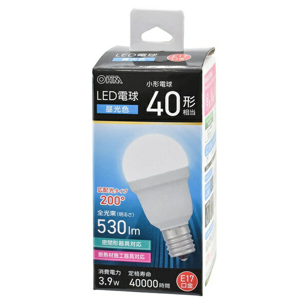 【10個セット】 オーム電機 LDA4D-G-E17IS53 LED電球 小形 (40形相当/昼光色/530 lm/3.9W/E17/Ra83/広配光200°/密閉形器具対応/断熱材施工器具対応) 4,738円