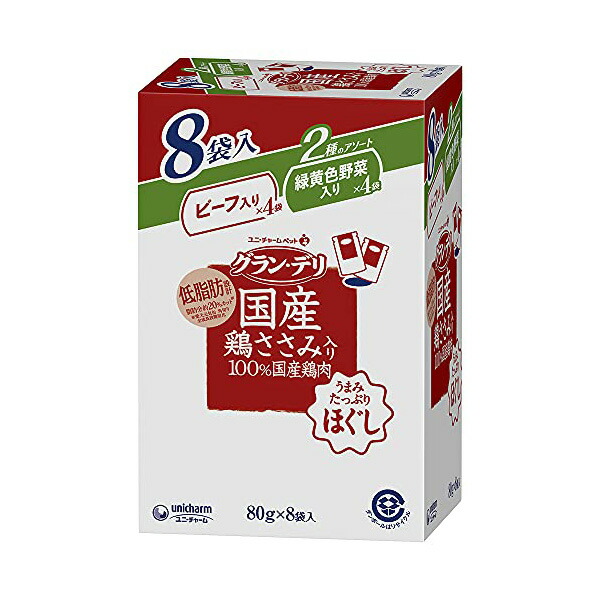 【5個セット】 ユニチャーム グラン・デリ 国産鶏ささみ パウチ ほぐし 成犬用 8袋パック ビーフ入り& 緑黄色野菜入り 80g ×8 ウエットパウチ 犬 年齢指定なし 一般食 日本製 ユニ・チャーム unicharm 犬用フード ドッグフード 低脂肪 国産 グランデリ 厳選素材
