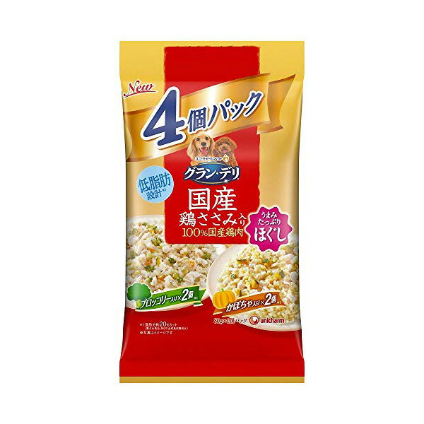 【16個セット】 ユニチャーム グラン・デリ 国産鶏ささみ パウチ ほぐし 成犬用 4個パック ブロッコリー×かぼちゃ 80g ×4 ウエットパウチ 一般食 日本製 ユニ・チャーム unicharm ウエットフード ブロッコリー入り ブロッコリー 鶏ささみ入り かぼちゃ入り 厳選素材