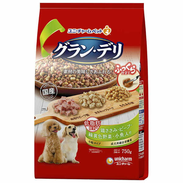 【6個セット】 グラン・デリ ふっくら仕立て 低脂肪 鶏ささみ ・ ビーフ ・緑黄色 野菜・ 小魚・ 角切り ビーフ 粒入り 750g ユニ・チャーム 犬 フード ソフト 半生・ モイスト 厳選素材