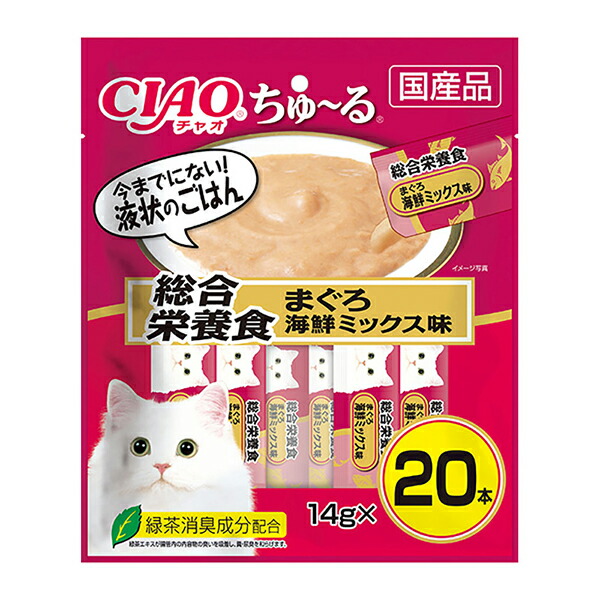 【6個セット】 いなば チャオ ちゅ る 総合栄養食 まぐろ海鮮ミックス味 20本入り 14g×20本 ペースト 国産品 成猫用総合栄養食 SC-199 いなばペットフード チュール CIAO 緑茶消臭成分配合 SC199 猫用ふりかけ ちゃおちゅーる キャットフード 厳選素材