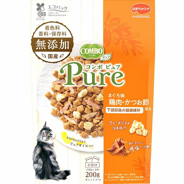 【12個セット】 日本ペットフード コンボキャット フード ピュア まぐろ味・鶏肉・かつお節添え 200g タブレット ネコ アダルト 小型品種 日本ペット 下部尿路の健康維持 ドライフード キャットフード 猫用フード 猫フード かつお節添え ペット用品 ドライ 厳選素材