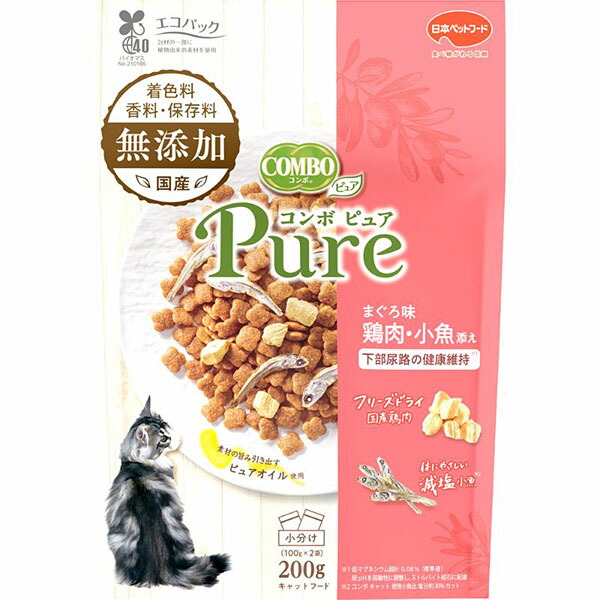 【12個セット】 日本ペットフード コンボキャット フード ピュア キャット まぐろ味・鶏肉・小魚添え 200g タブレット ネコ アダルト 小型品種 日本ペット 下部尿路の健康維持 ドライフード キャットフード 猫用フード 猫フード ペット用品 ドライ 厳選素材