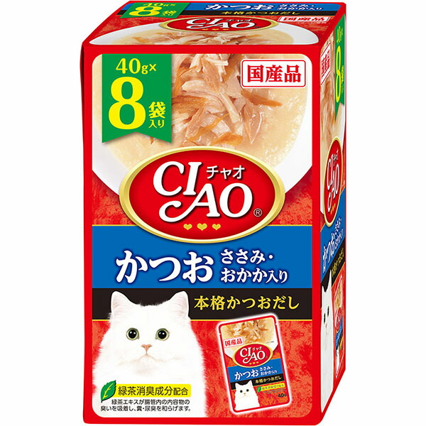 【10個セット】 チャオ (CIAO) キャットフード パウチ かつお ささみ・おかか入り 40g&times;8袋 厳選素材｜むさしのメディア 店