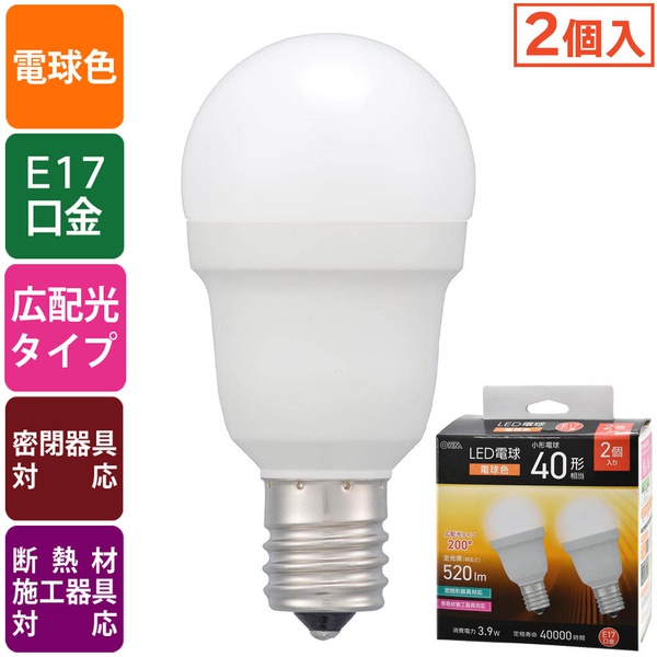 【10個セット】 オーム電機 LDA4L-G-E17IS532P LED電球 小形 (40形相当/電球色/520 lm/3.9W/E17/Ra83/広配光200°/密閉形器具対応/断熱材施工器具対応/2個入)|むさしのメディア 店