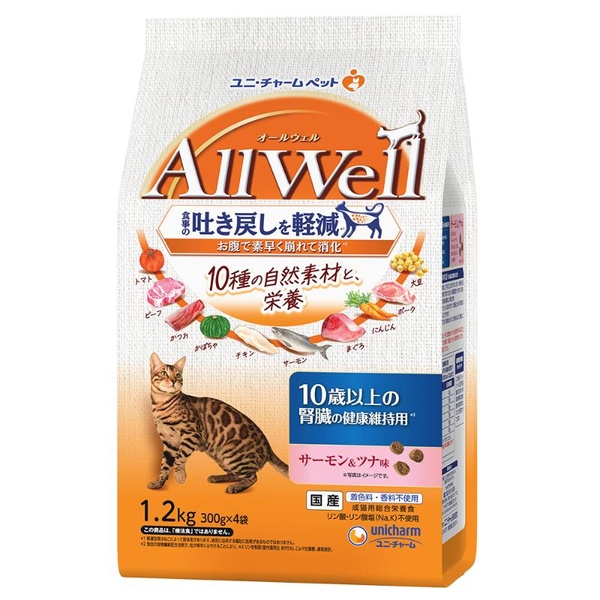 【10個書き割り】 ユニ・チャーム AllWell 10種の気どらずに原料品 10歳以上の腎の臓の思わしい守りつづける用 秋味＆ツナ味 1.2kg