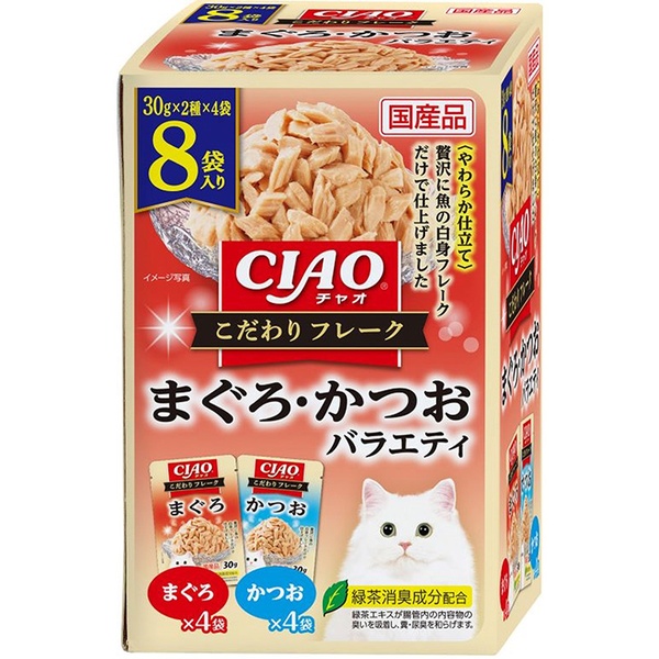 【12個セット】 いなばペットフード CIAO こだわりフレーク やわらか仕立て まぐろ・かつおバラエティ 30g&times;8袋｜むさしのメディア 店