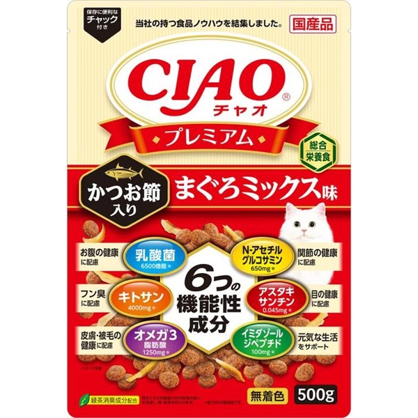 【10個セット】 いなばペットフード CIAO プレミアム かつお節入り まぐろミックス味 500ｇ｜むさしのメディア 店