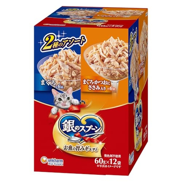 【10個仕掛ける】 ユニ惹きつける 銀のお匙 キャットフード 情の籠もった 合切袋 まぐろ まぐろ・かつおにささみ入り口・入口 60g×12袋 ユニ惹きつける