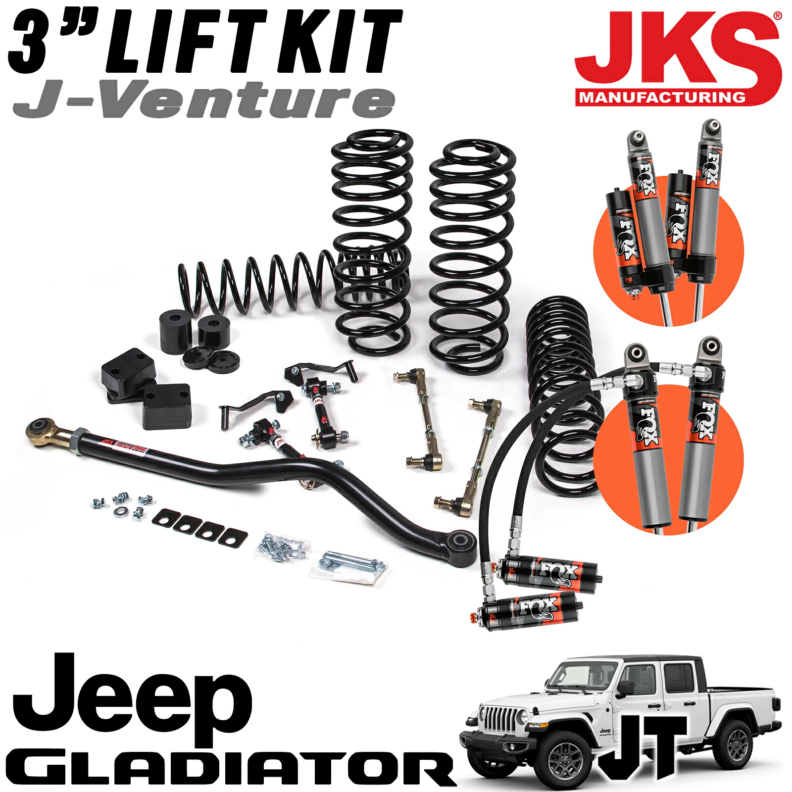 JKS MFG 3インチアップリフトアップキット FOX 2.5 ELITEシリーズショック付き 20年~ ジープ JTグラディエーター JKS フロント調整式ロワーコントロールアーム付き / JKSリア調整式ロワーコントロールアーム付き / JKS リア調整式ラテラルロッド付き JSPEC131PES|アルティメイト店