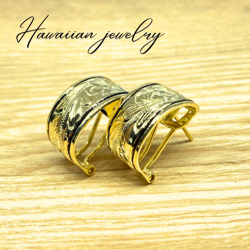 ハワイアンジュエリー【ピアス】半円型プルメリアスクロールピアス(Gold＆ Black line) pieac-166　ジュエリー｜ＵＬＵ-ＨＡＷＡＩＩ