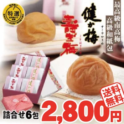 送料無料 選べる 特選 紀州 南高梅 6包入 健か梅 塩分約12%・壽ぎ梅 塩分約5%特大 はちみつ梅 2種 高級和紙包お年始 健康 グルメ プレゼント お祝いホワイトデー ギフト