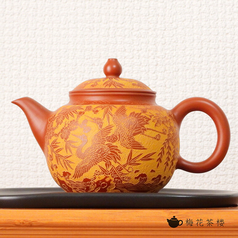【茶壺】【一点物】手拉壷 台湾作家物：陳奕志さん作 松鶴延年（朱泥）｜台湾茶とシノワ雑貨　～梅花茶楼～