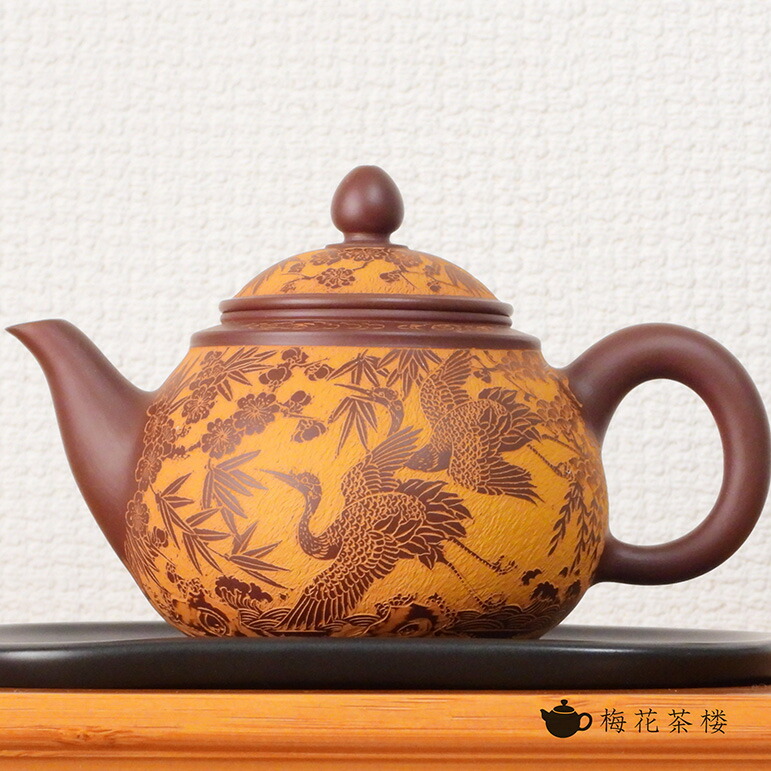 ＊中国古美術/朱泥桃花紋三足獣茶壺（底款：手井酲順圓製）【保存箱付】 中国古美術/朱泥桃花紋三足獣茶壺（底款：手井酲順圓製）【保存