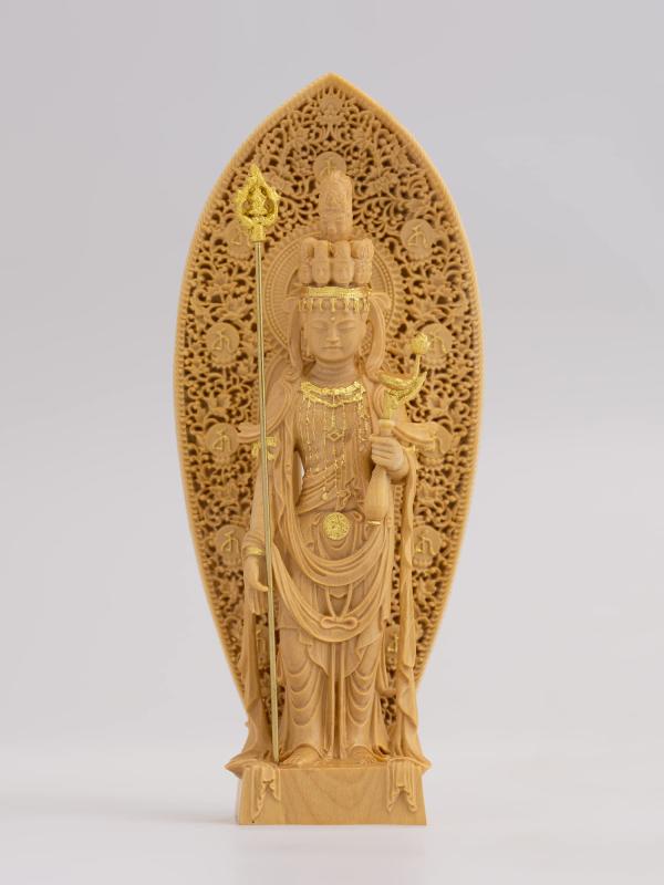極小仏 十一面観音&minus;12cm長谷寺型（木製：ツゲ 金泥仕上）＿観世音菩薩 仏像 フィギュア 木彫り 置物（GSBじゅういちめんかんのんHSD｜海の風ストア