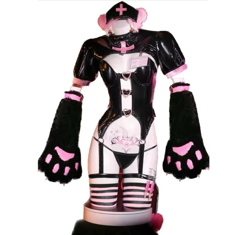 【ラベンダー】 悪魔猫 看護師 コスプレ衣装 かわいい服 PU革 コスチューム クリスマス
