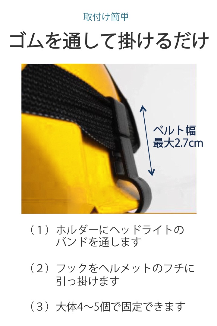 楽天市場 楽天1位 高評価レビュー4 6点 ヘッドライト固定用 ヘルメットホルダー 10個セット 固定 簡単 着脱 両手 解放 コンパクト ヘルメットクリップ ヘルメット ホルダー ヘッドライト 建設現場 工場 見回り ゴム フック 送料無料 便利雑貨ショップ Umiwo