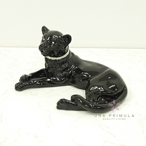 イタリア製 瀬戸もの飾りつけ 黒ヒョウ lying with collar｜VO-71194CNL