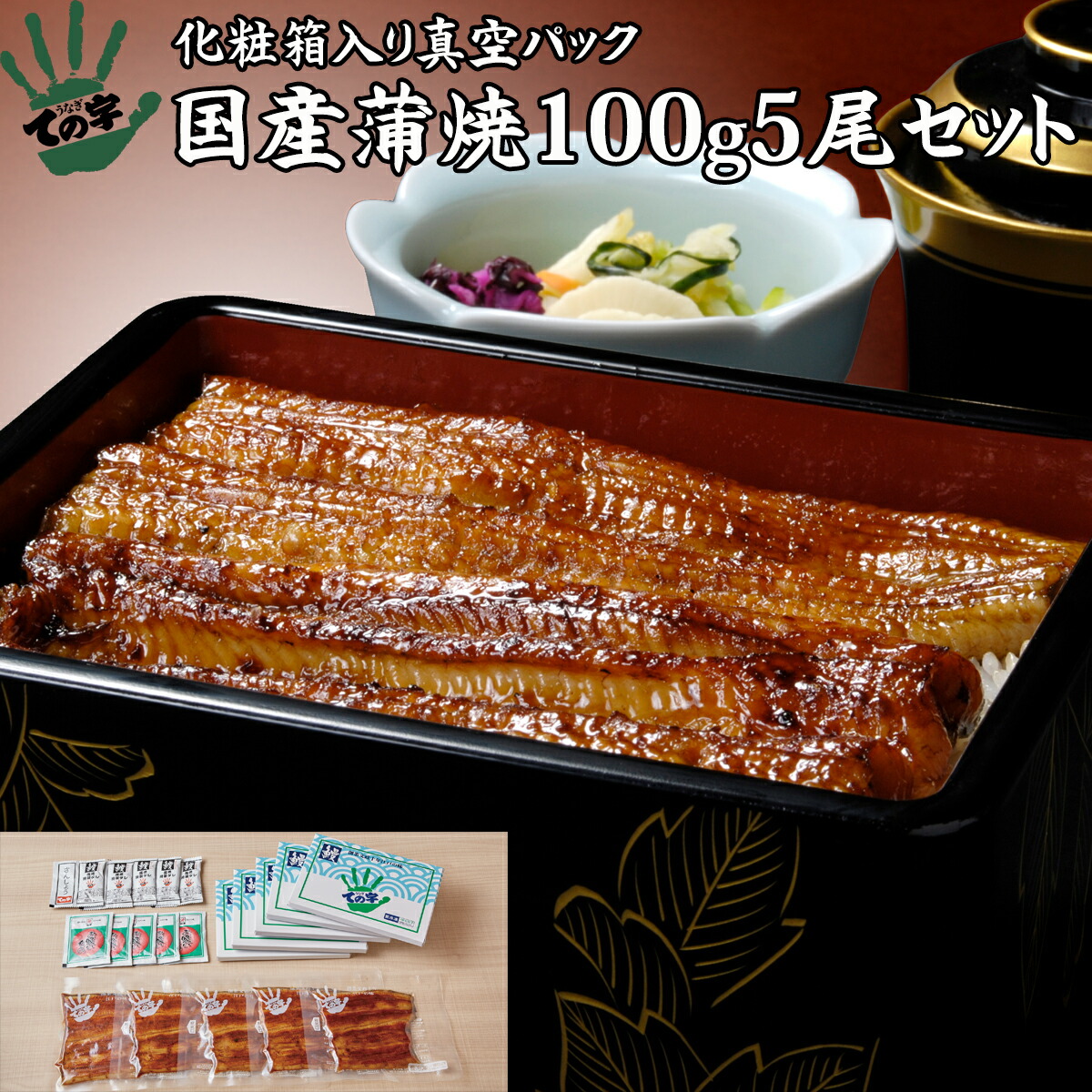 うなぎ 鰻 国産 プレゼント ギフト 蒲焼 100g×5セット ての字 化粧箱入り 手焼き 保存料不使用 熨斗対応 お歳暮 お年賀 お誕生日 お取り寄せ 贈り物 お祝い 内祝い