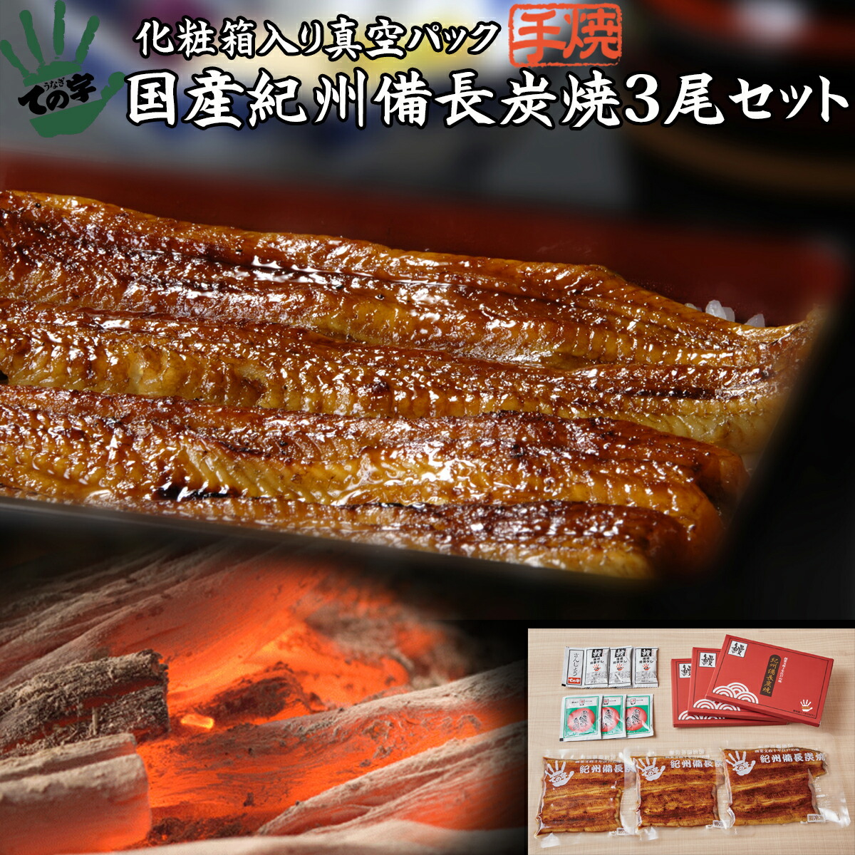 うなぎ 鰻 国産 プレゼント ギフト 蒲焼 紀州備長炭焼 120g×3セット ての字 化粧箱入り 手焼き お中元 保存料不使用 熨斗対応 お歳暮 お年賀 お誕生日 お取り寄せ 贈り物 お祝い 内祝い